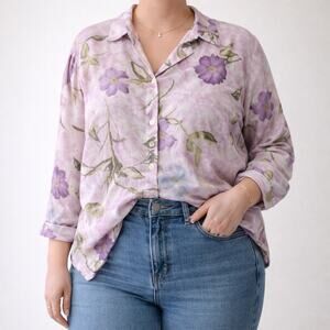 Vintage 90s 3X Light Purple Floral Top Sheer Oversized Button Up Abalone Buttons